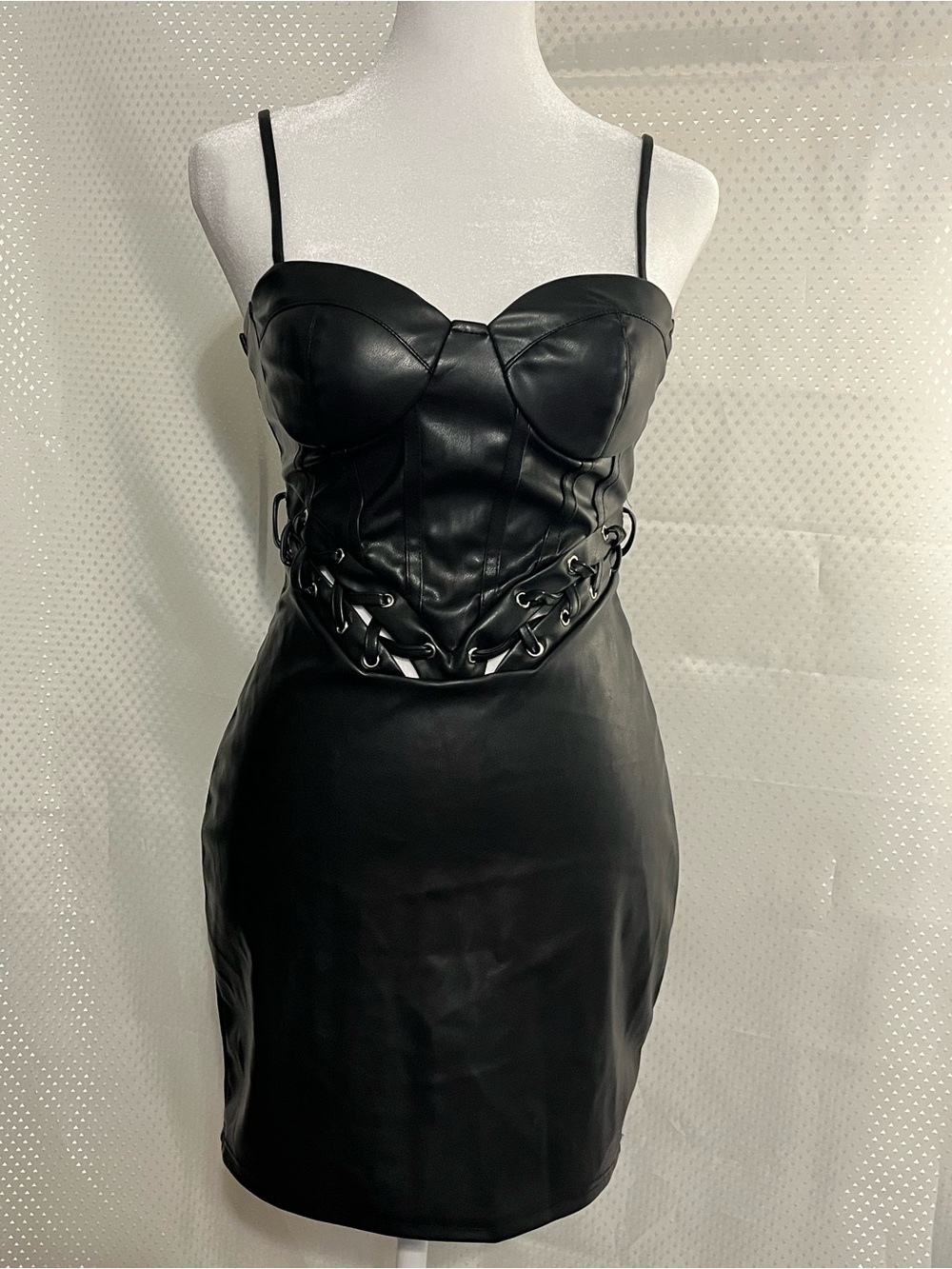 Windsor Black Faux Leather Lace-Up Bustier Mini Dress